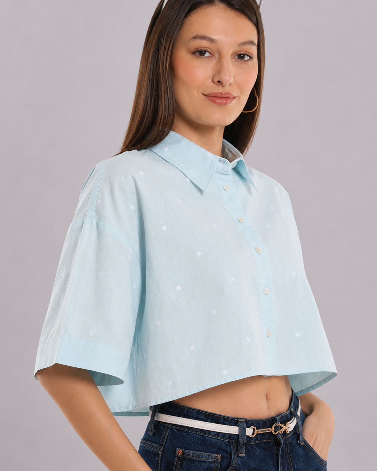 Carolina sky blue shirt collar and extended shoulder detail with delicate heart embroidery