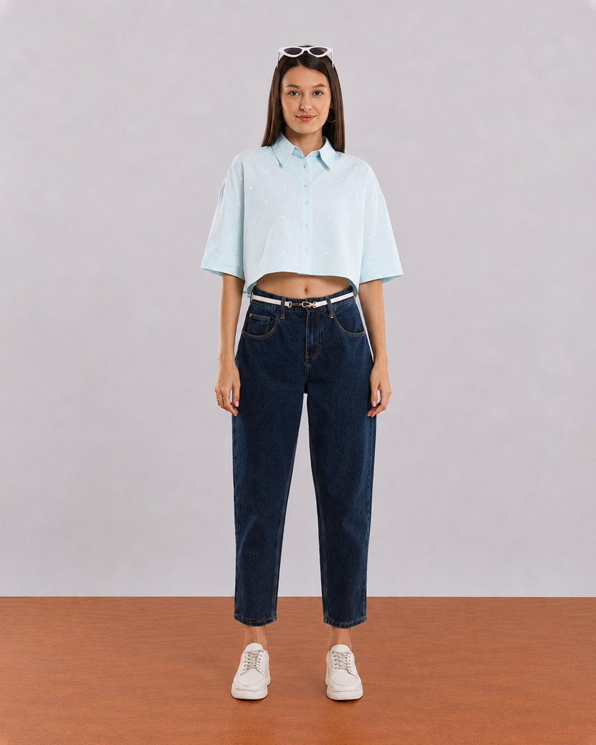 Carolina sky blue cropped shirt front view with short sleeves and a boxy relaxed fit