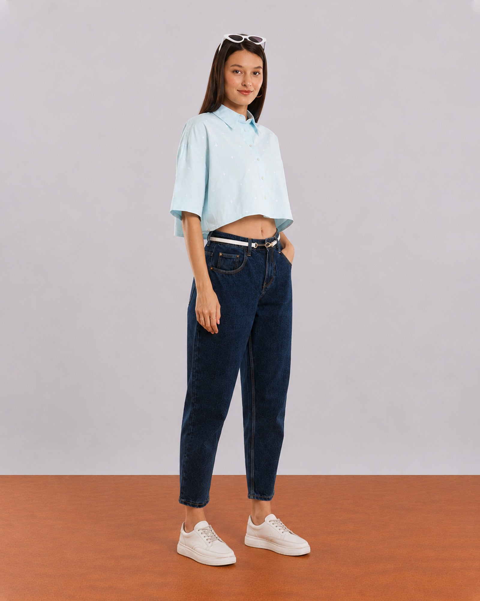 Gazillion Carolina sky blue cropped shirt for women with cute heart embroidery, full-length front view
