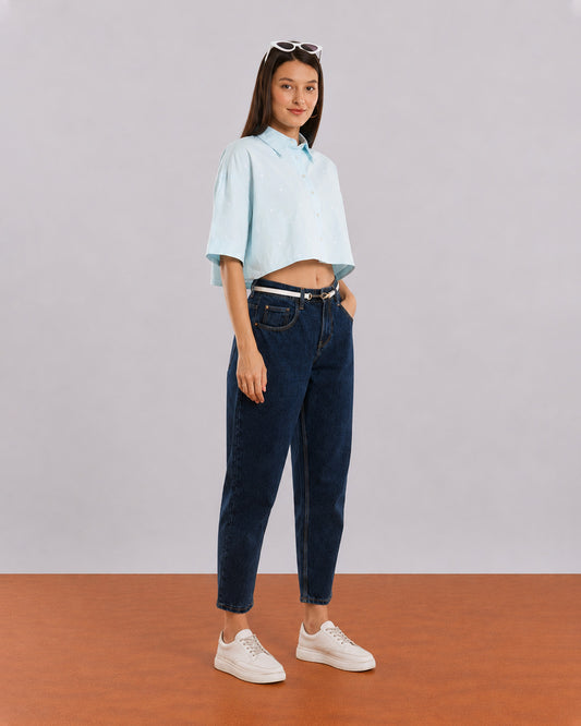 Gazillion Carolina sky blue cropped shirt for women with cute heart embroidery, full-length front view