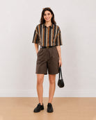 Gazillion Carter chocolate brown knee length bermuda shorts for women, full-length front view