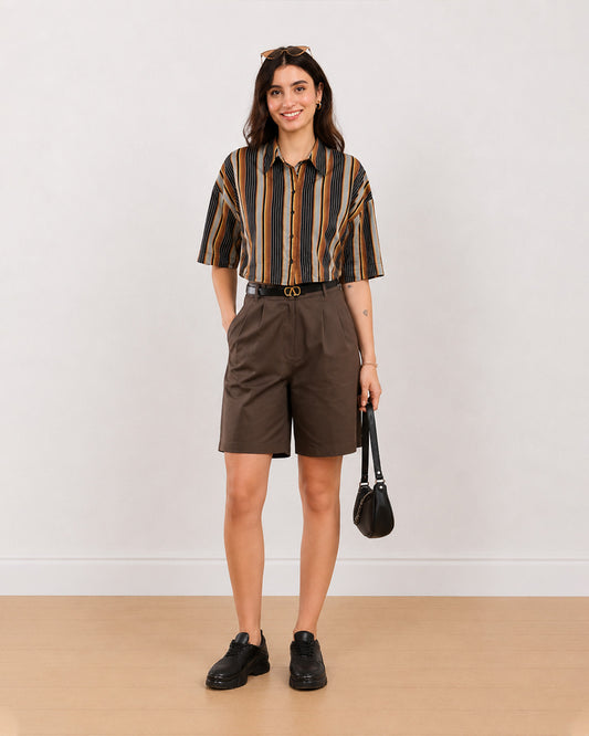 Gazillion Carter chocolate brown knee length bermuda shorts for women, full-length front view