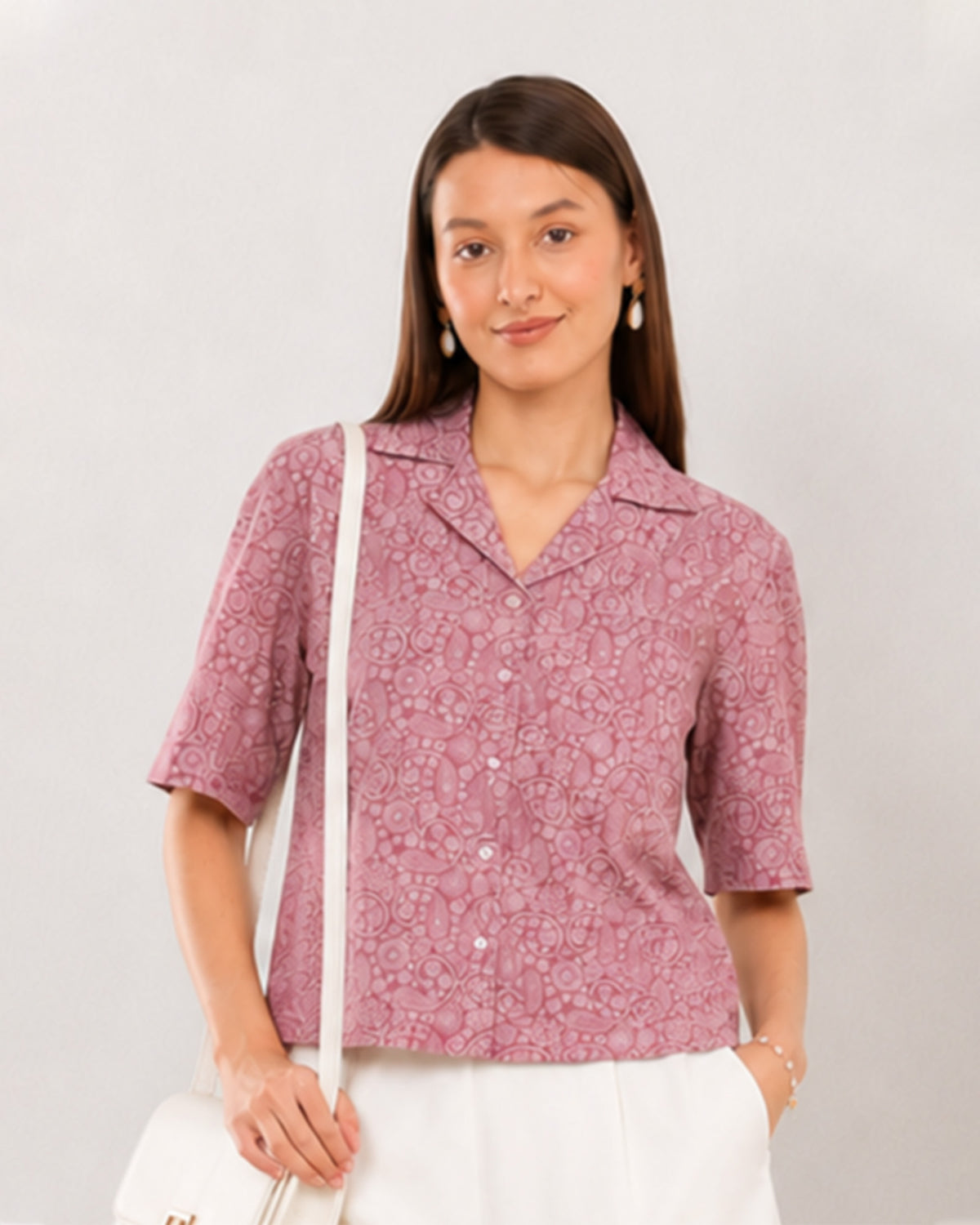 Casey onion pink 100% cotton shirt camp collar with paisley print and hidden dignity buttons