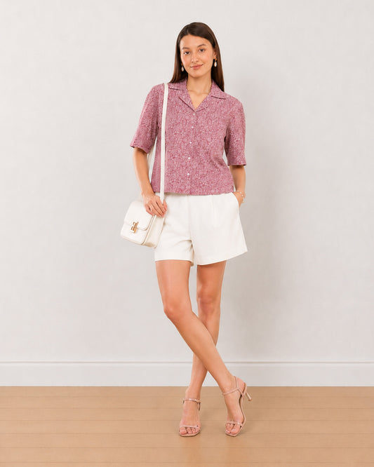 Gazillion Casey onion pink printed cropped cotton shirt for women, full-length front view