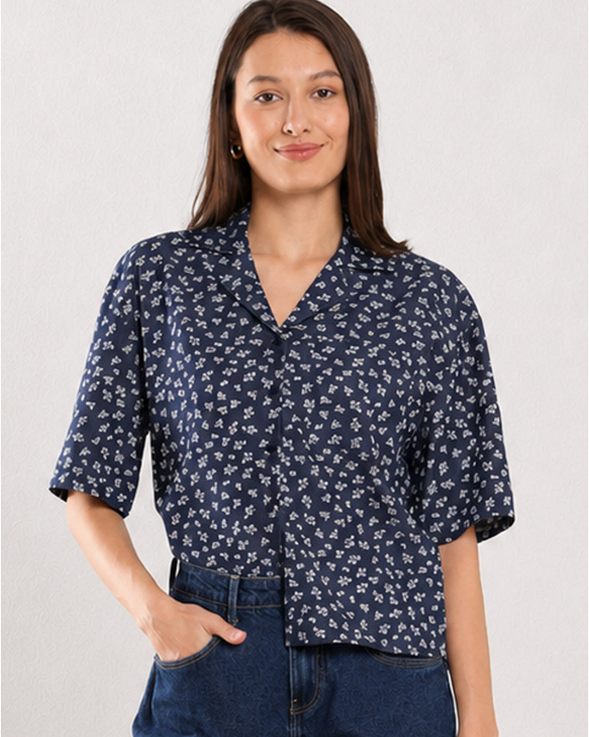 Cece indigo 100% cotton shirt notched collar with floral print and hidden dignity buttons