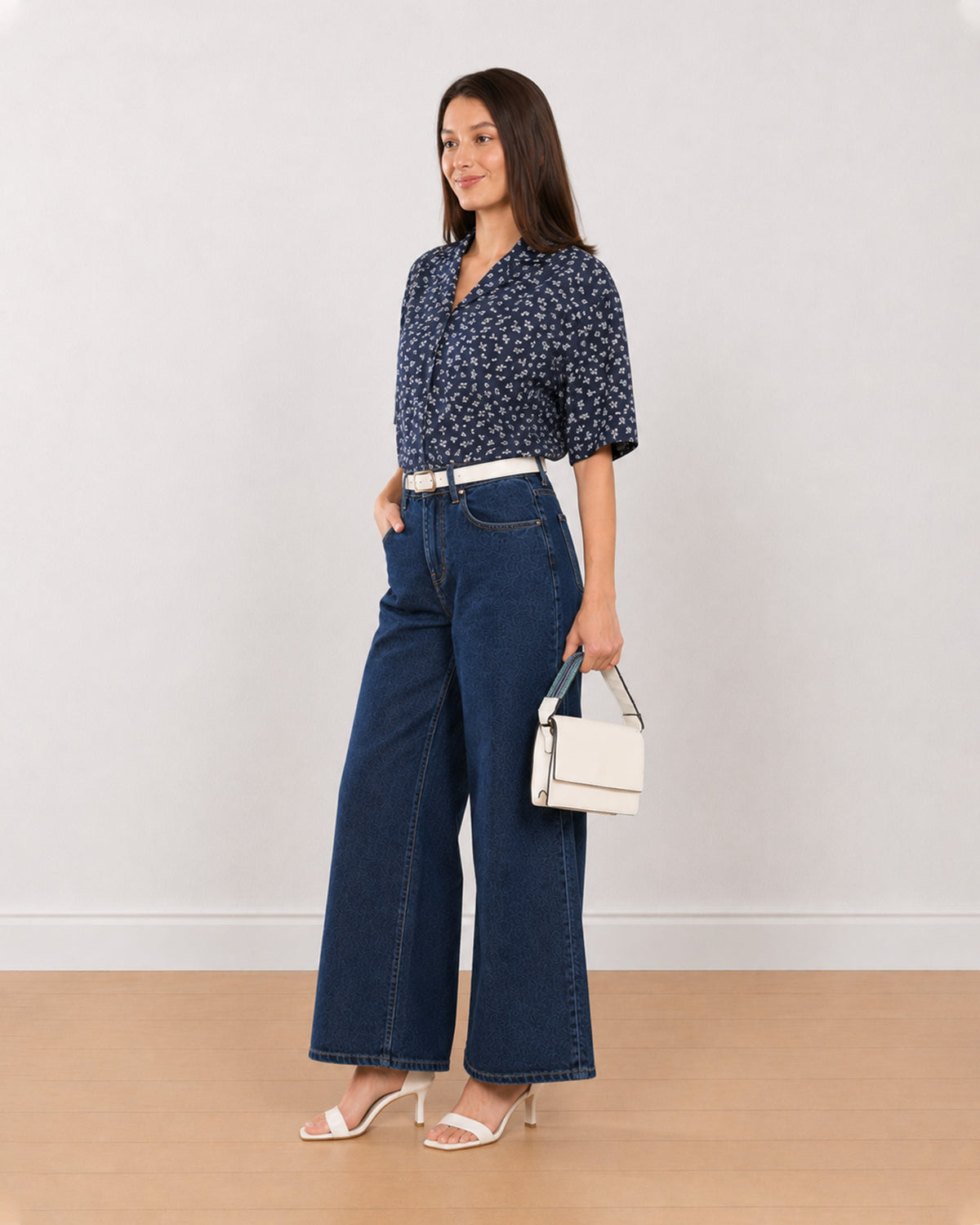 Cece indigo floral print cropped shirt for women, front view worn untucked