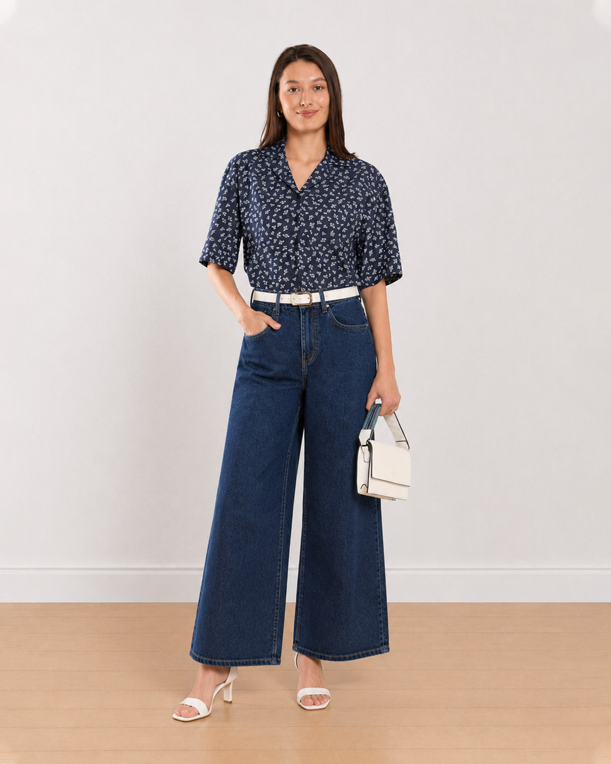 Gazillion Cece indigo floral print on denim cropped shirt for women, full-length front view