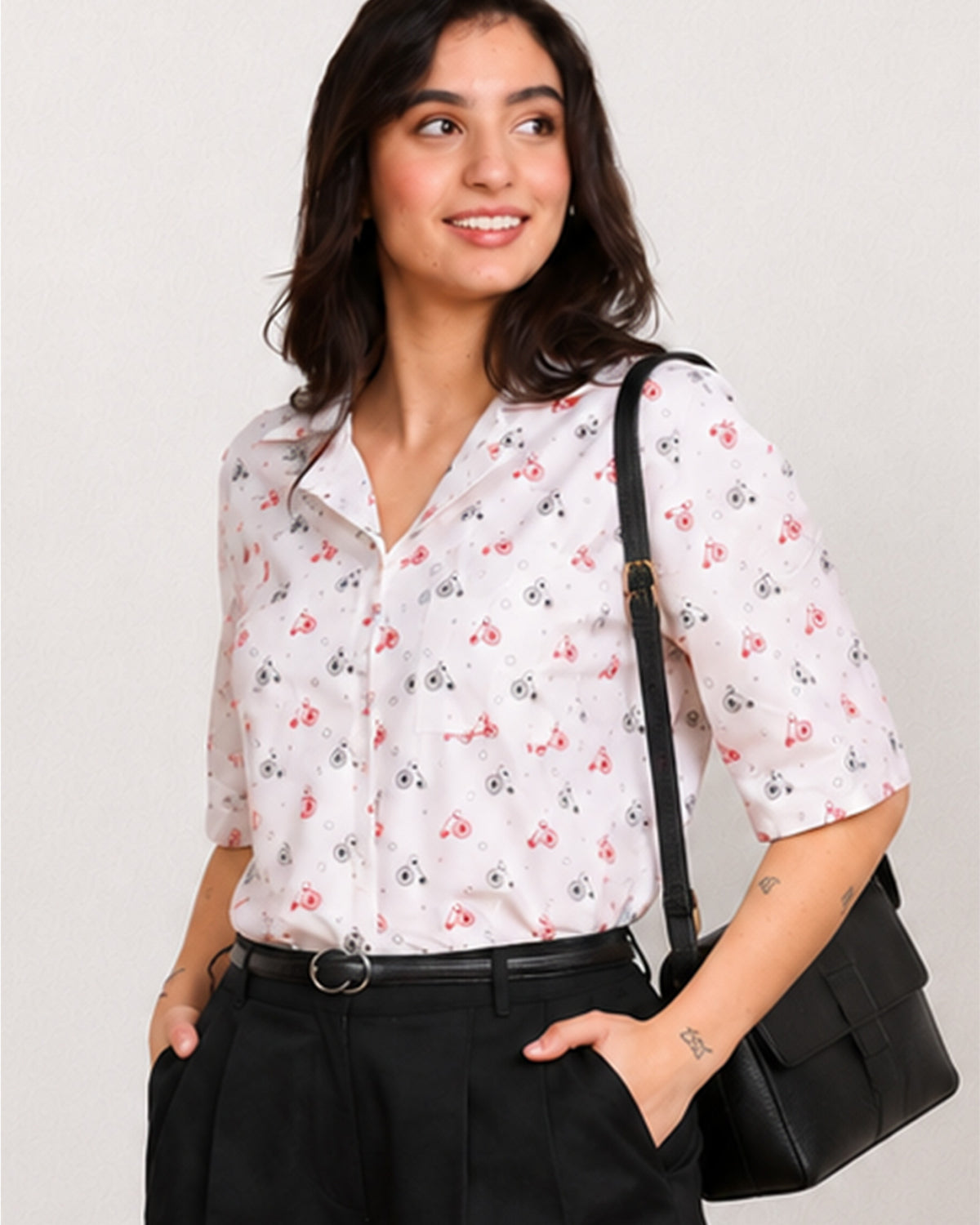 Cecelia white 100% cotton shirt notched collar with bicycle print and hidden dignity buttons