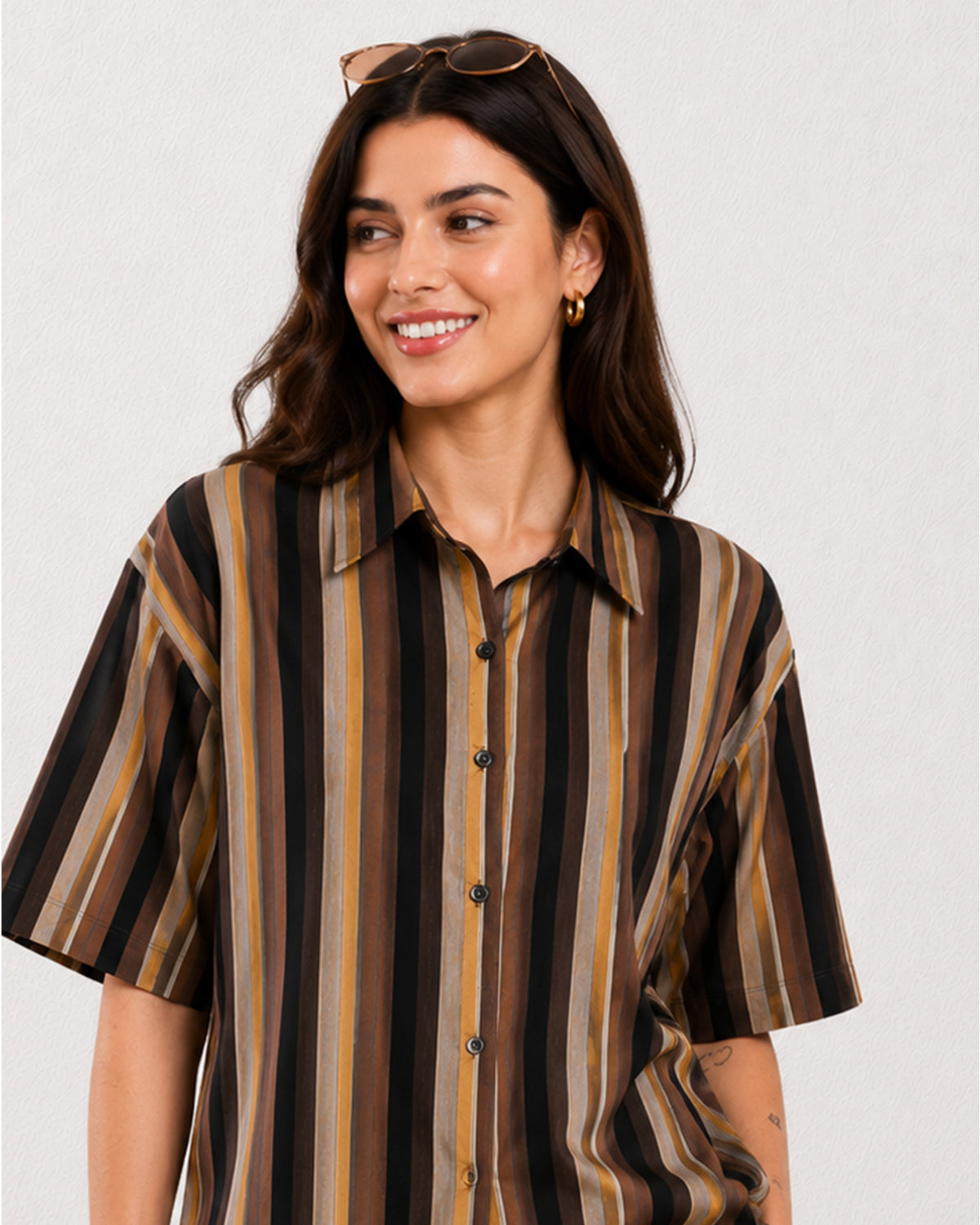 Cecil brown striped shirt collar and extended shoulder detail with a boxy relaxed fit