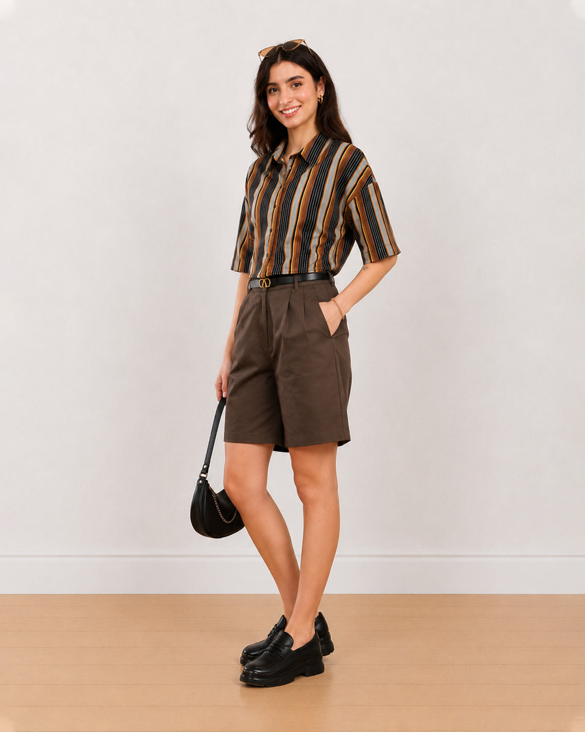 Gazillion Cecil brown striped cropped shirt for women, full-length front view