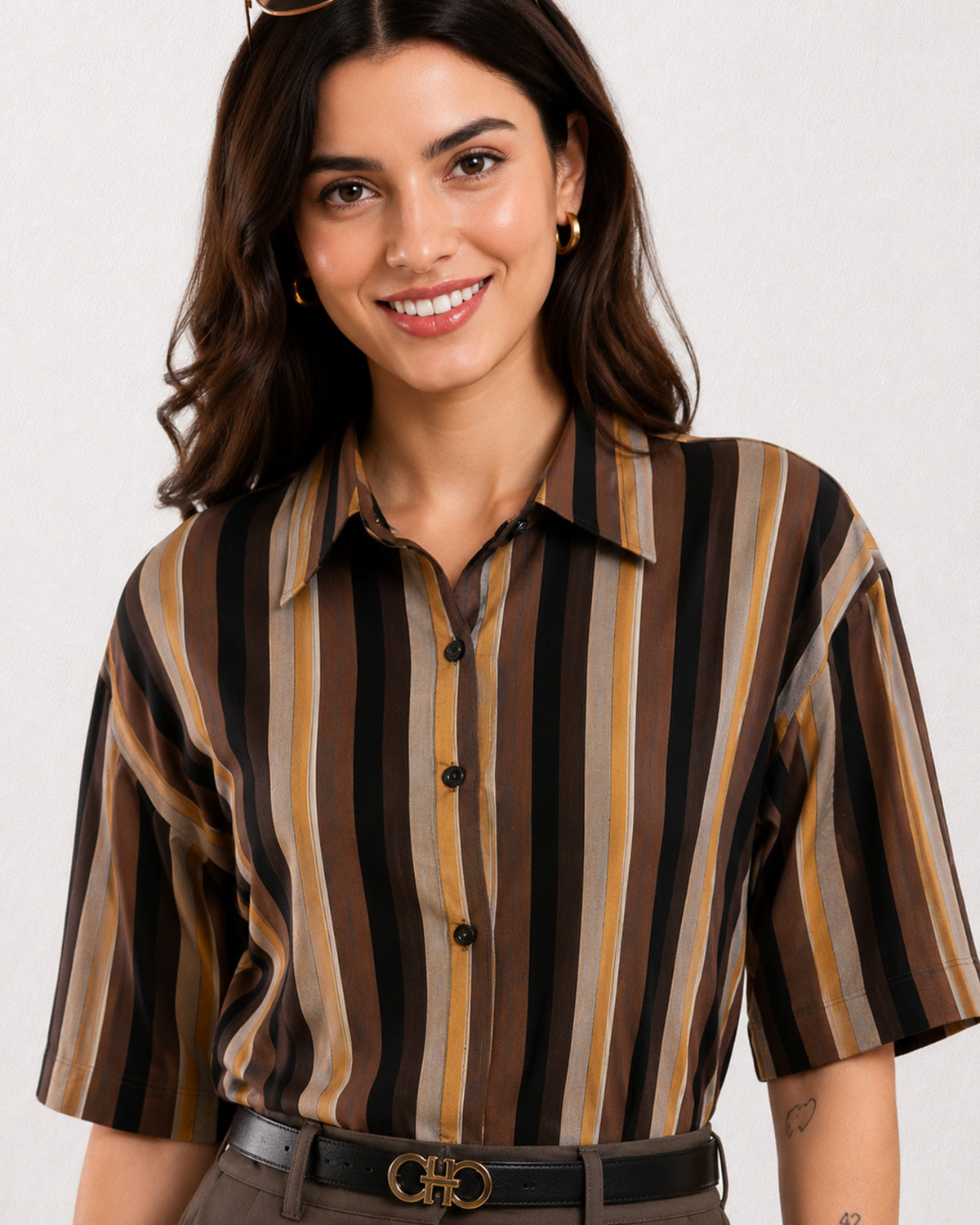 Close-up of Cecil yarn dyed brown stripes with collar and dark buttons in 100% cotton