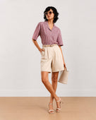 Gazillion Celine beige knee length bermuda shorts for women, full-length front view
