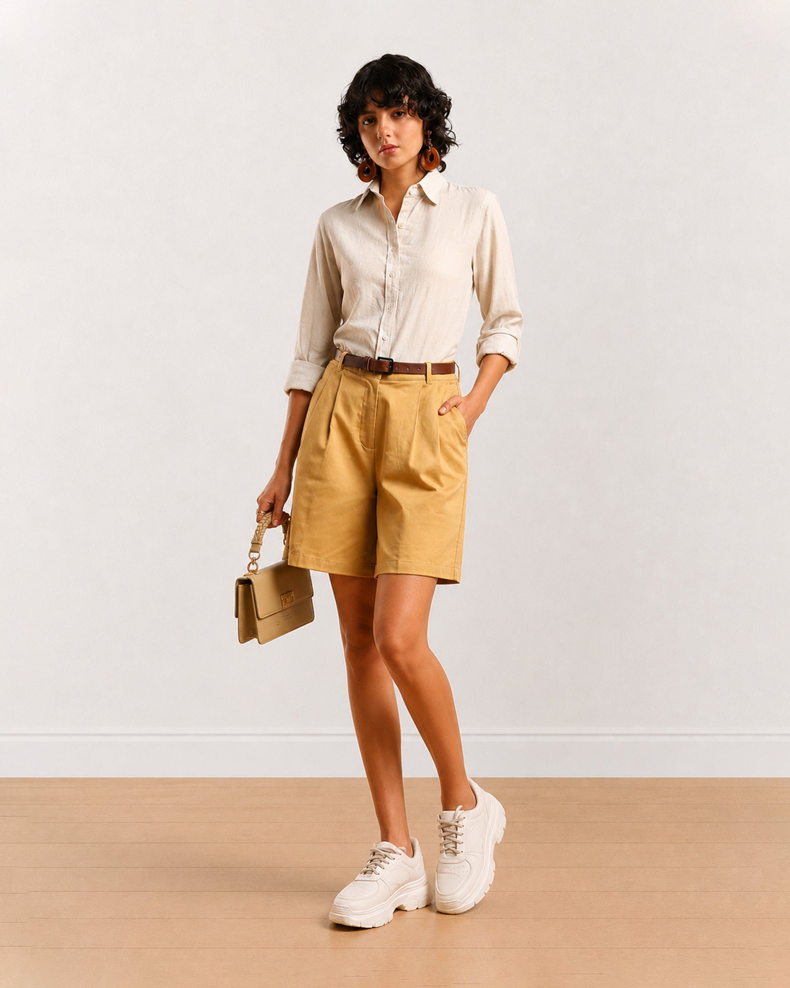 Gazillion Celine camel beige knee length bermuda shorts for women, full-length front view