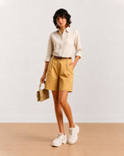 Gazillion Celine camel beige knee length bermuda shorts for women, full-length front view