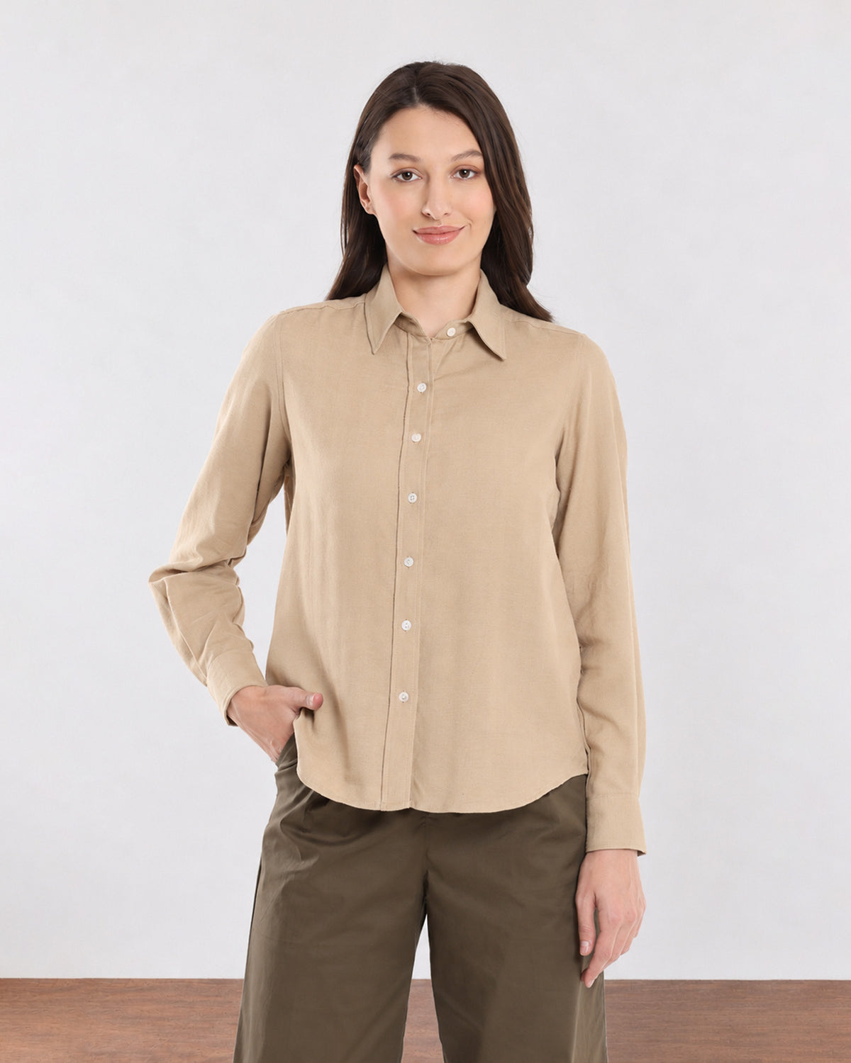 Charlie beige 100% cotton formal shirt front view with full sleeves and a curved hem
