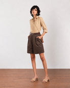 Gazillion Charlie beige herringbone texture cotton formal shirt for women, full-length front view