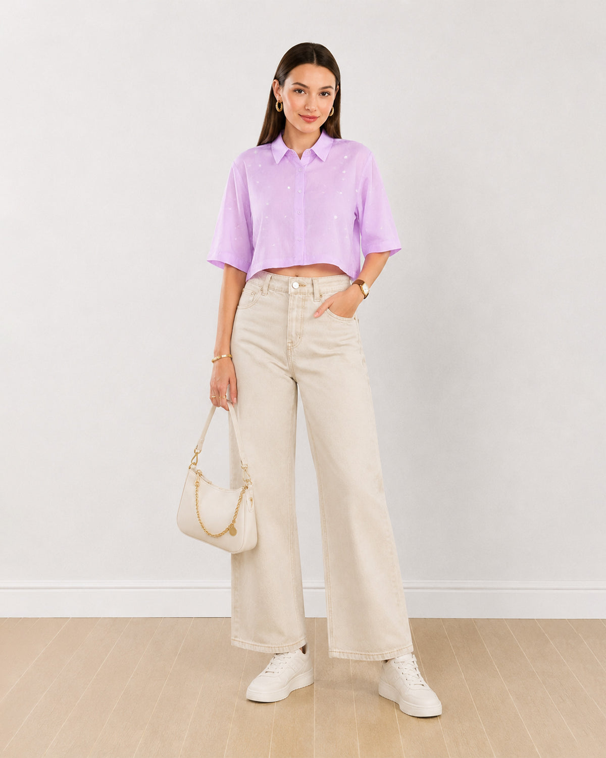 Christian lavender cropped shirt for women, front view with short sleeves and boxy fit