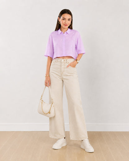 Christian lavender cropped shirt for women, front view with short sleeves and boxy fit