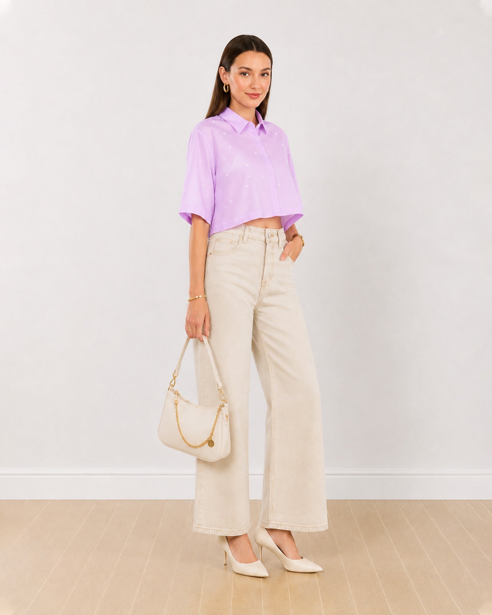 Gazillion Christian lavender boxy fit cropped shirt with cute heart embroidery, full-length front view