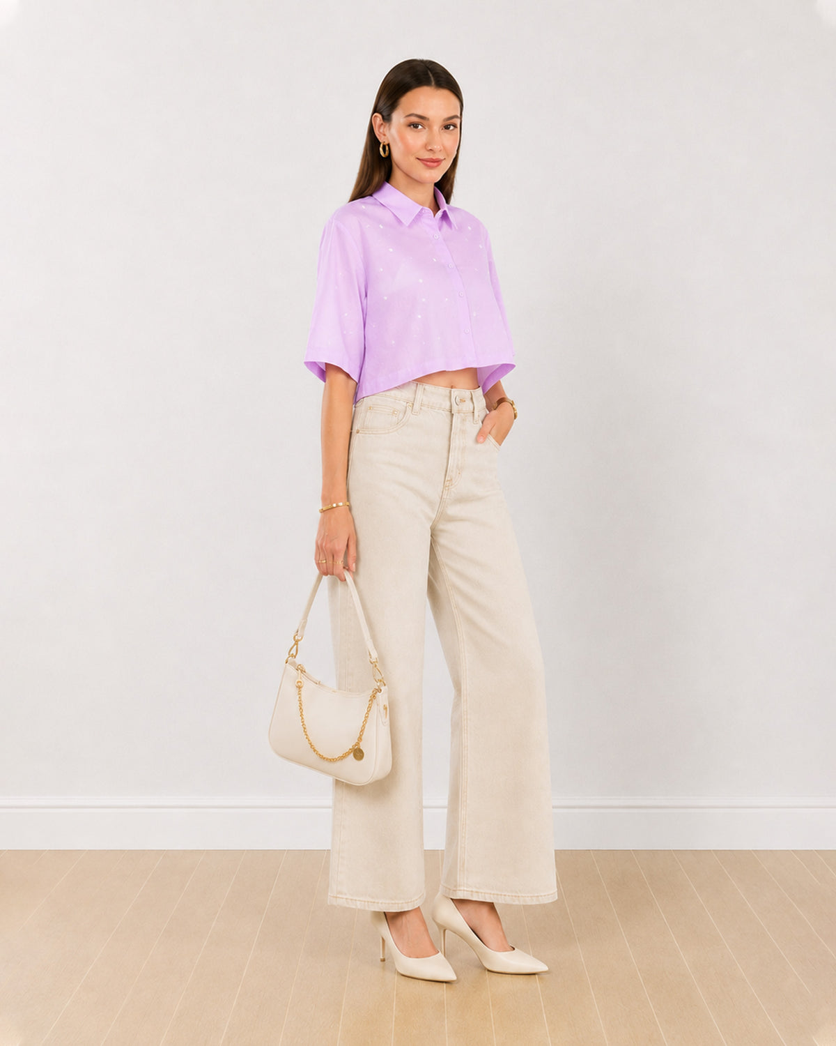 Gazillion Christian lavender boxy fit cropped shirt with cute heart embroidery, full-length front view