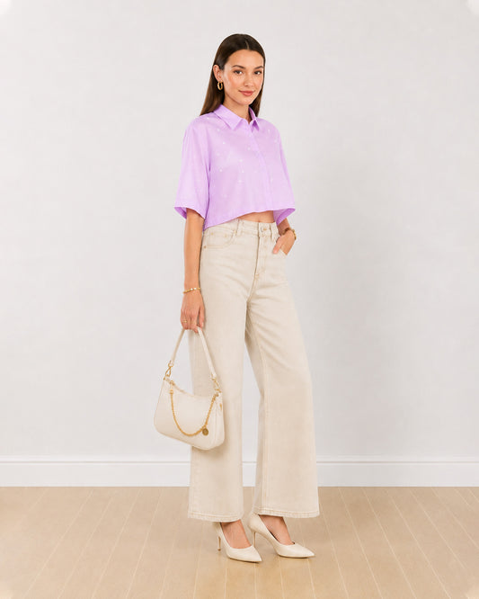 Gazillion Christian lavender boxy fit cropped shirt with cute heart embroidery, full-length front view