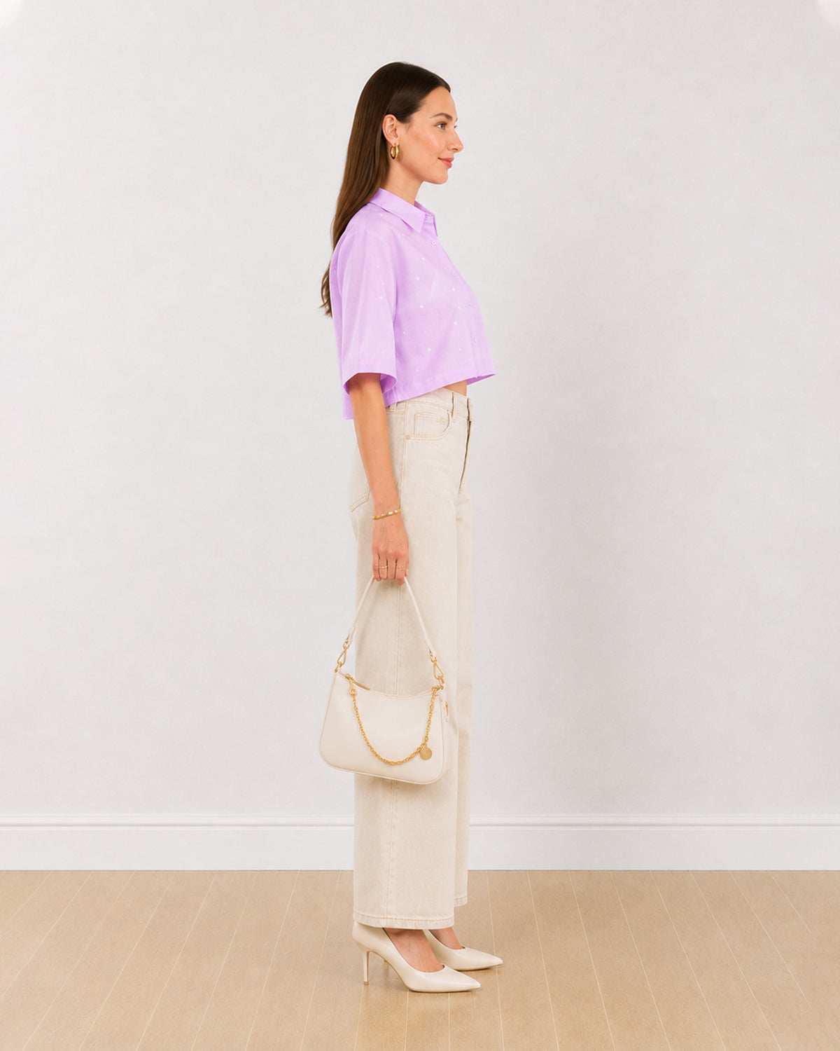 Side view of Christian lavender 100% cotton cropped shirt with boxy fit and extended shoulders