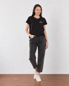 Christiana black loose cotton t-shirt for women, front view with half sleeves