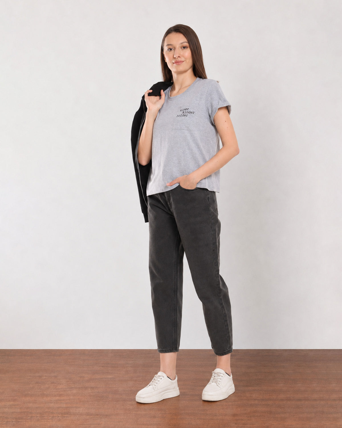 Christiana grey melange loose t-shirt angled view with rolled half sleeves