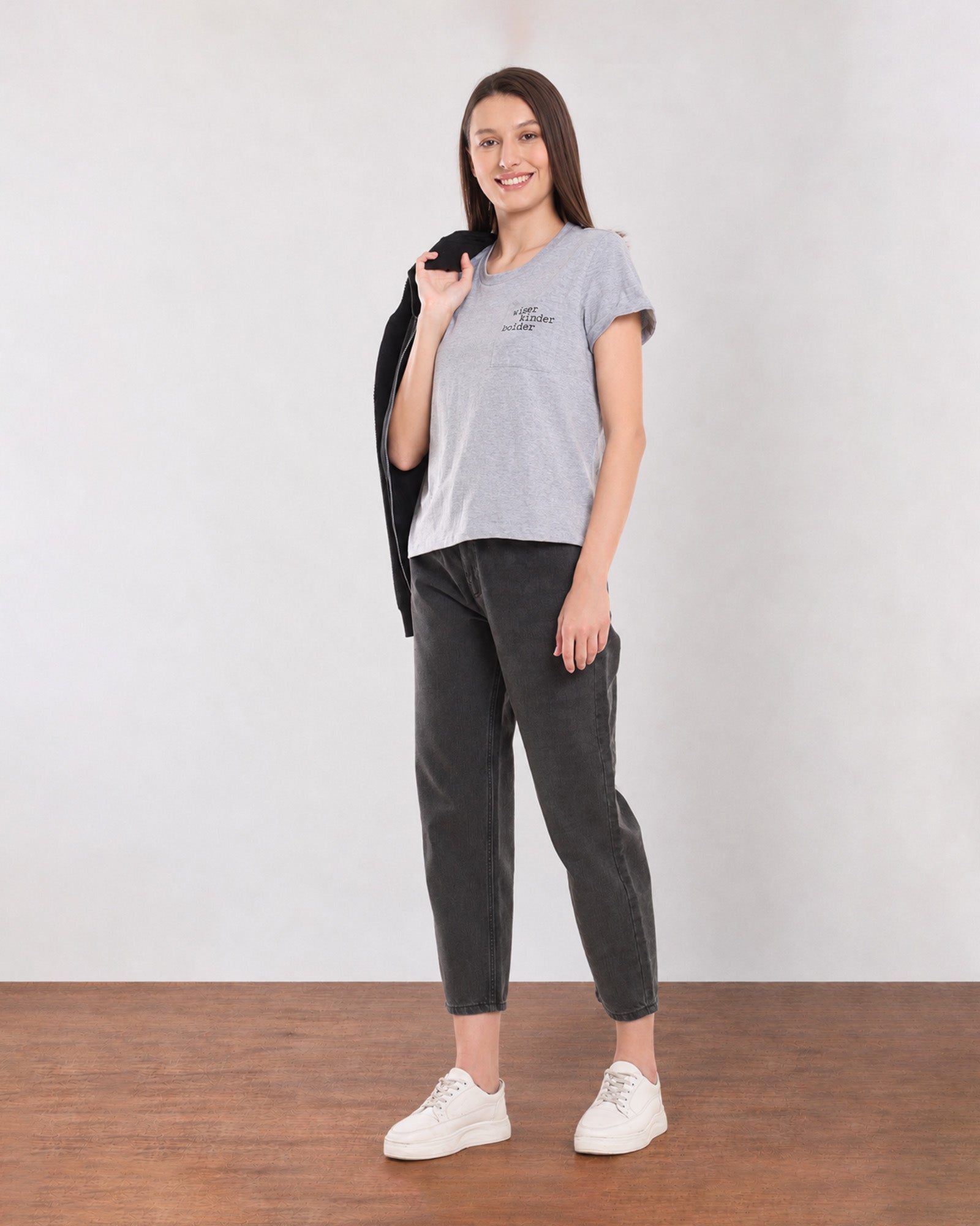 Gazillion Christiana grey melange loose t-shirt with Wiser Kinder Bolder pocket print, full-length front view
