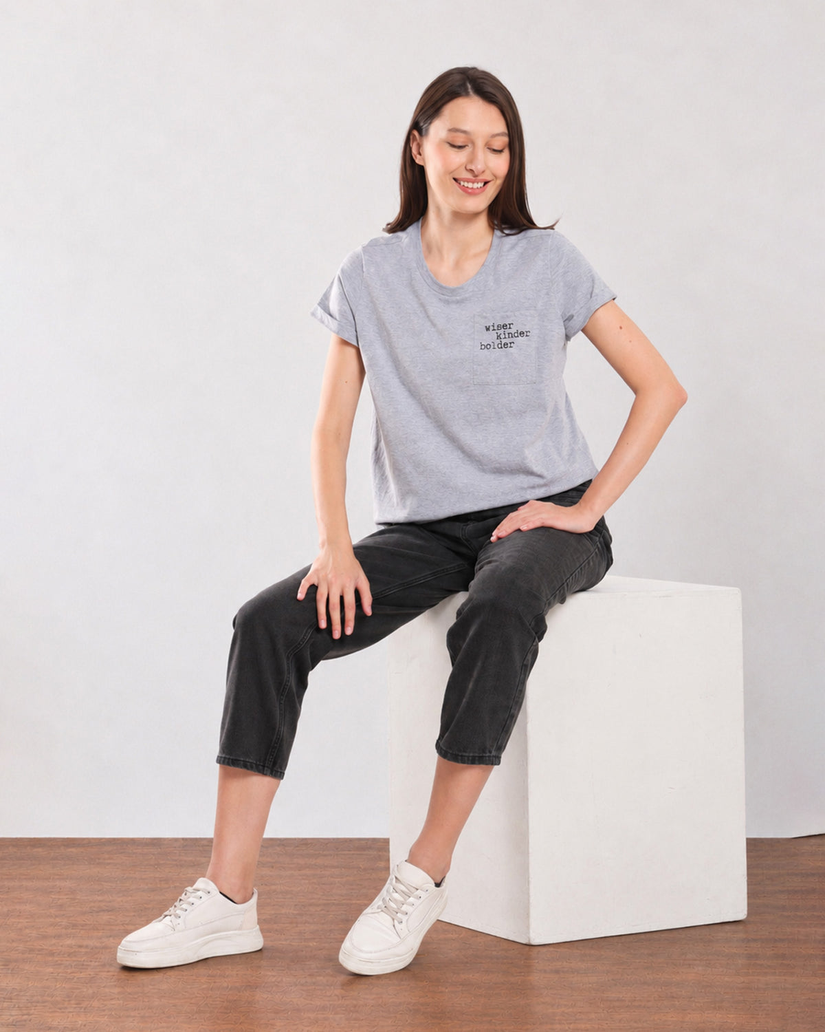 Christiana grey melange 100% cotton t-shirt seated view with a boxy loose fit