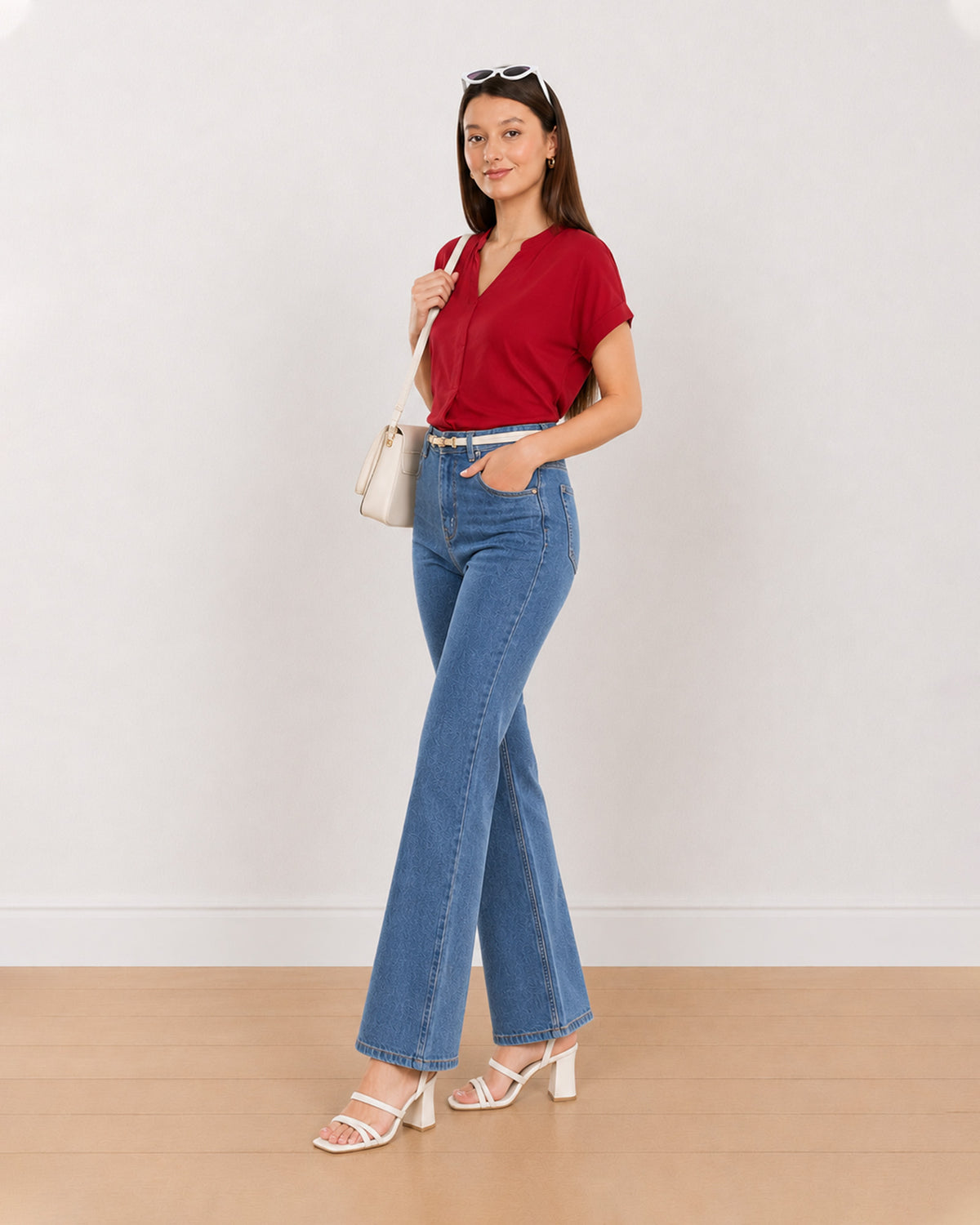 Claire red formal top front detail with stand collar, V-neck and extended shoulders