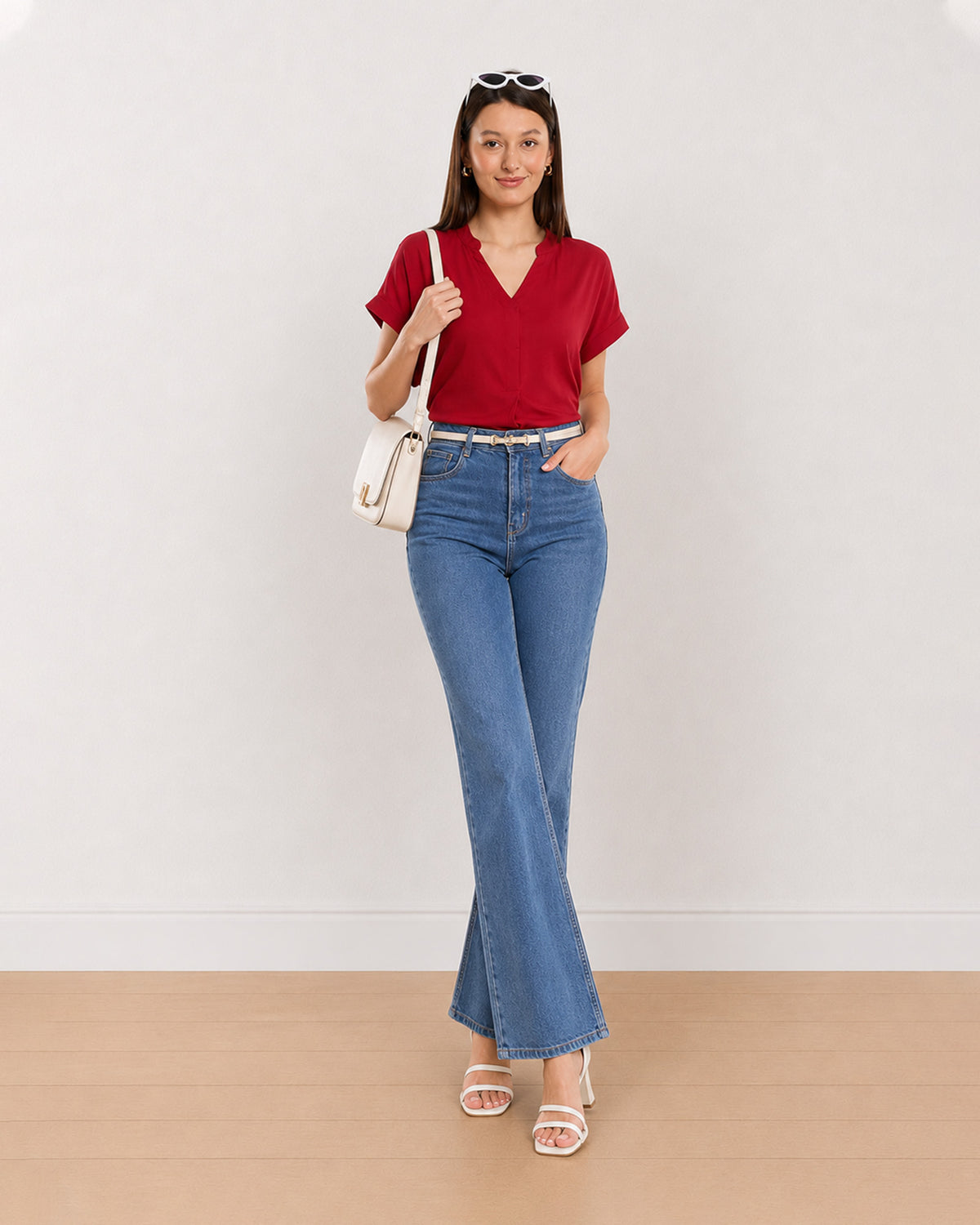 Claire red stylish formal top for women, front view with a boxy office wear fit