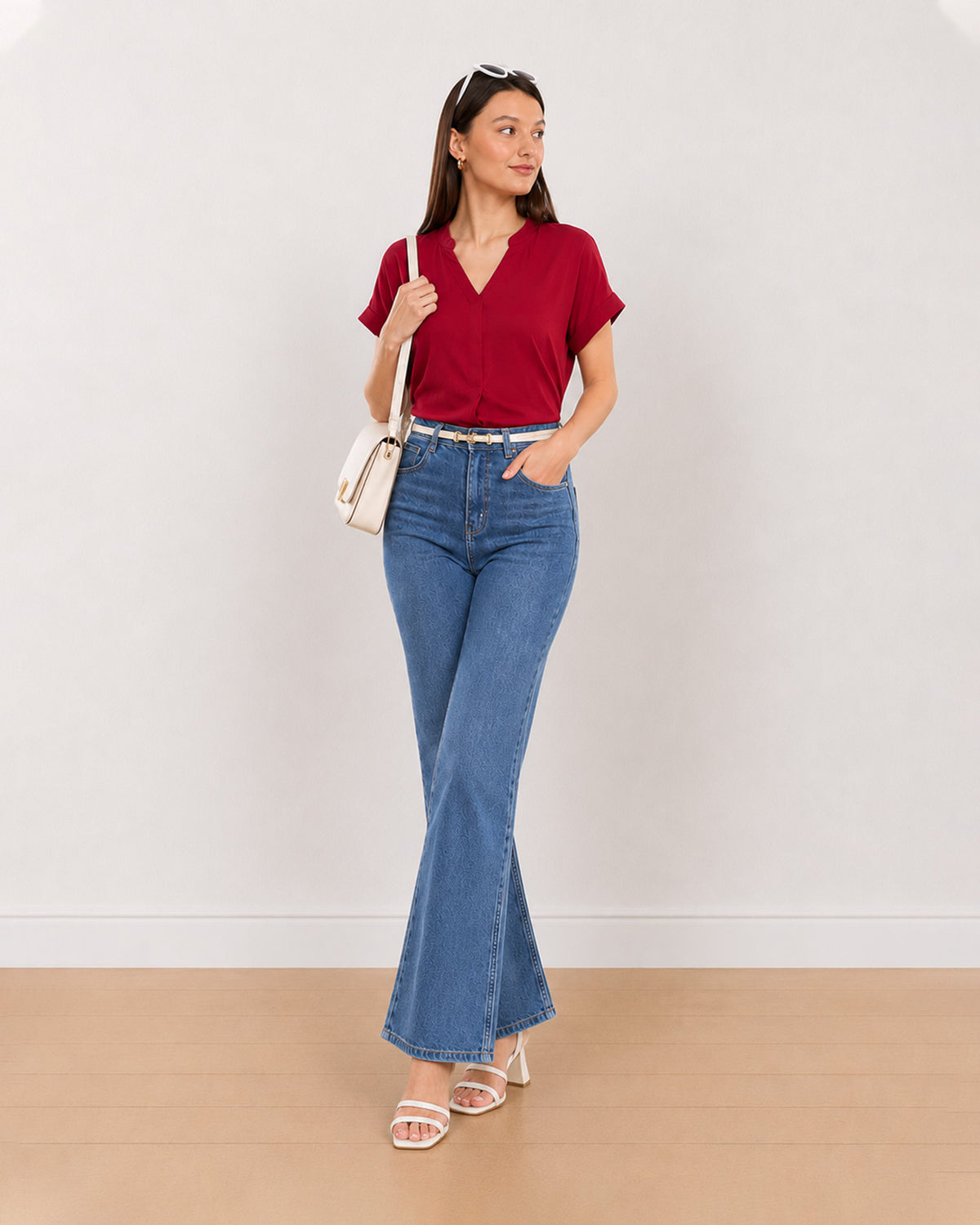 Gazillion Claire red stylish formal top for women, full-length front view