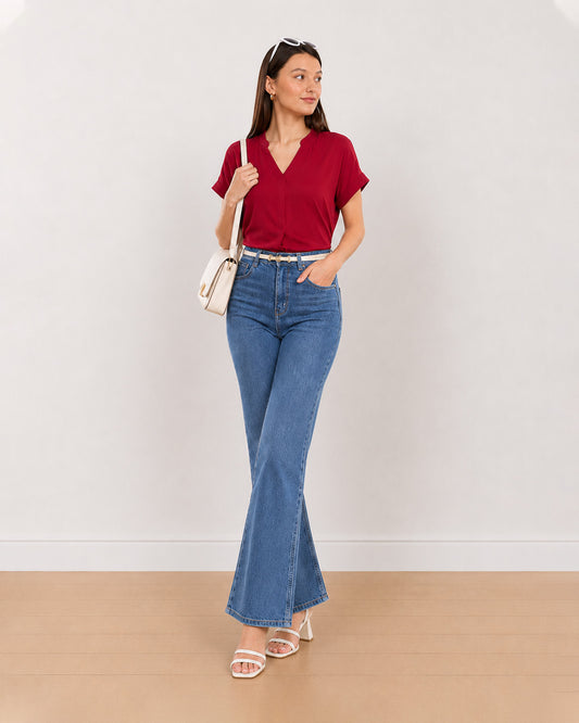 Gazillion Claire red stylish formal top for women, full-length front view