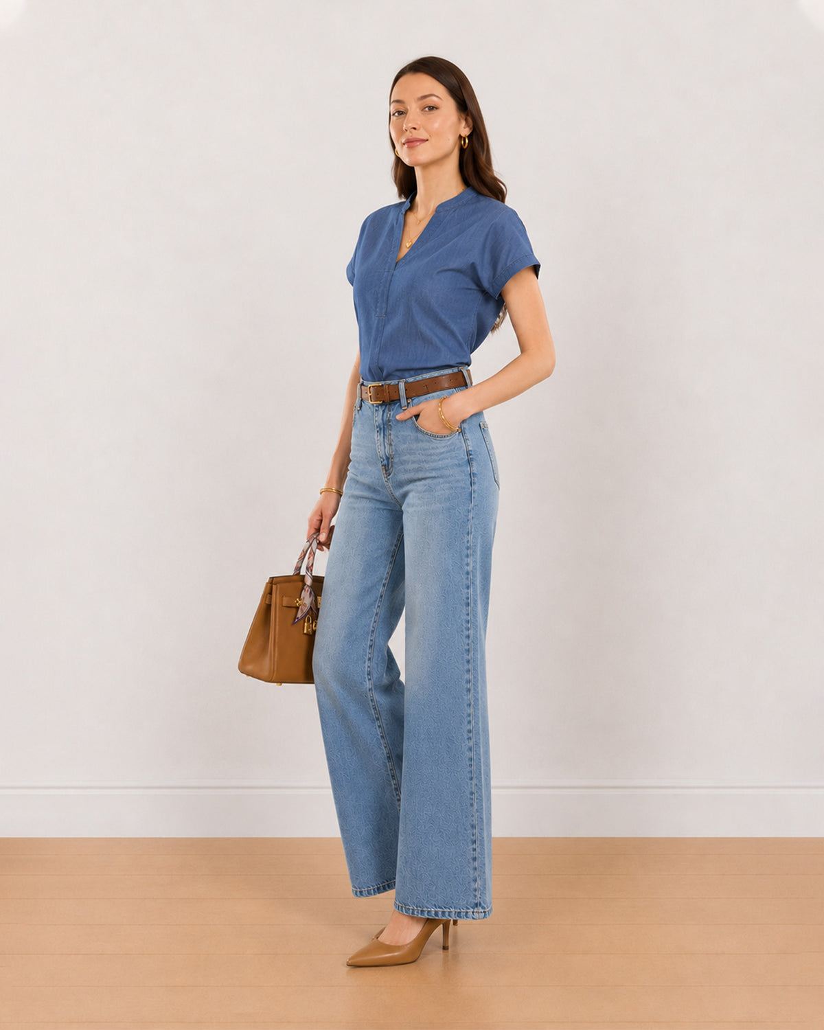 Cora indigo blue chambray top angled front view with stand collar and V-neck