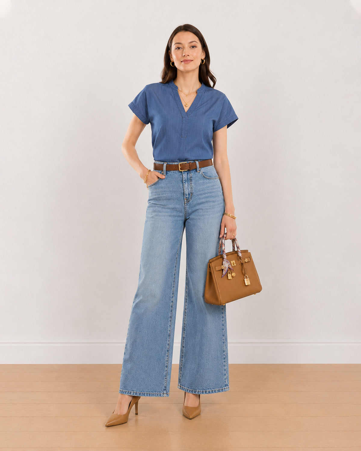 Cora indigo blue 100% cotton denim top for women, front view with a curved hem