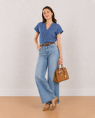 Gazillion Cora indigo blue denim plus size top for women, full-length front view