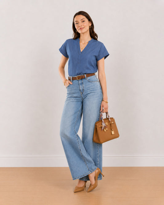 Gazillion Cora indigo blue denim plus size top for women, full-length front view