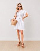 Gazillion Daisy white embroidered belted cotton shirt dress for women, full-length front view