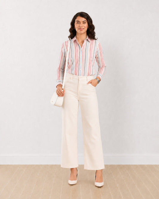 Gazillion Dali multi colour striped cotton formal shirt for women, full-length front view