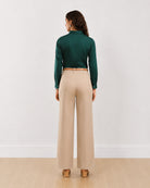 Dame bottle green formal shirt, back view showing the back waist darts and full sleeves