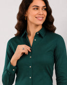 Close-up of Dame bottle green shirt collar, placket dignity buttons and cuff
