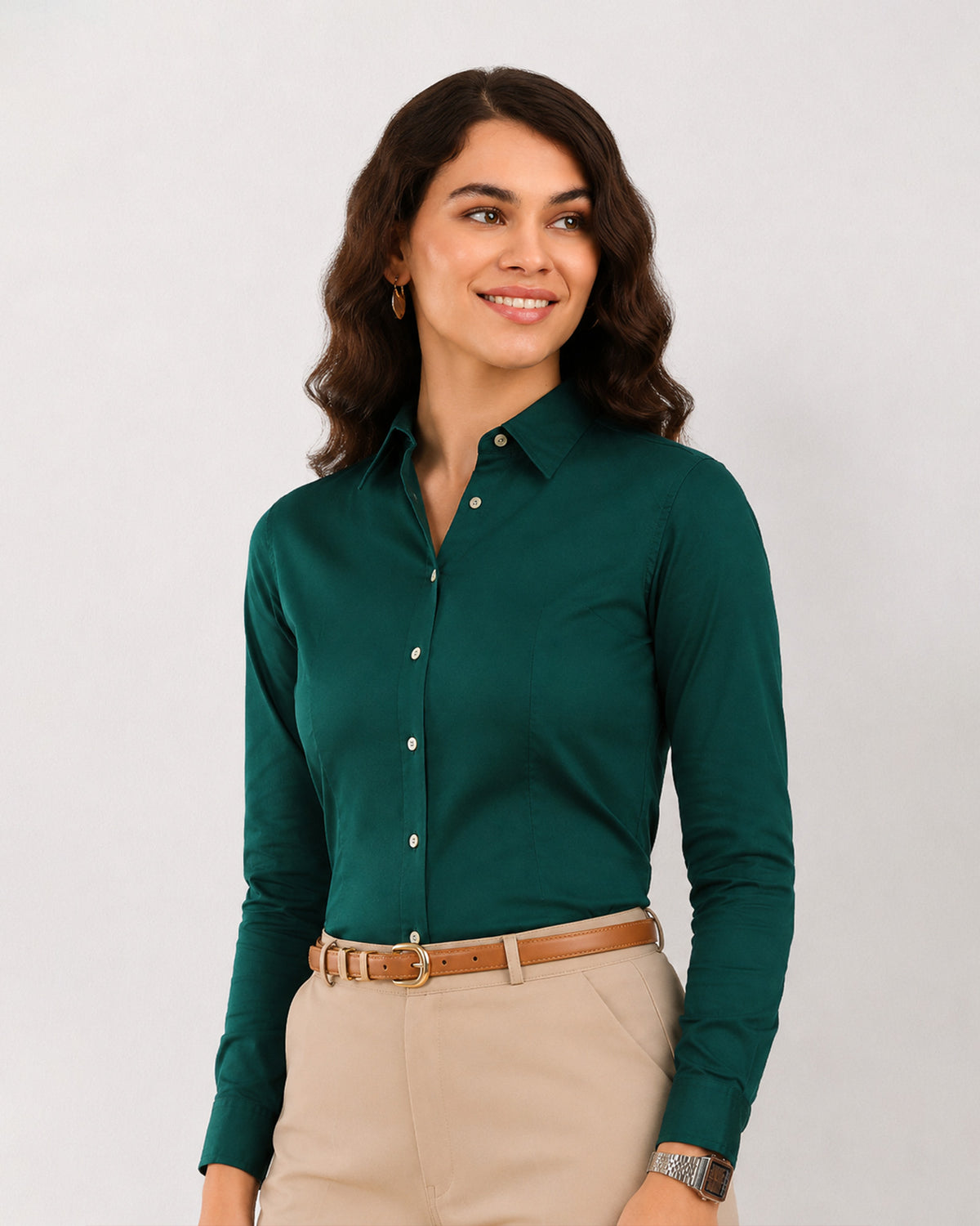 Dame bottle green formal shirt with front waist darts, a classic collar and button placket, front view