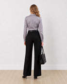 Dame steel grey formal shirt, back view showing the back waist darts and shoulder yoke