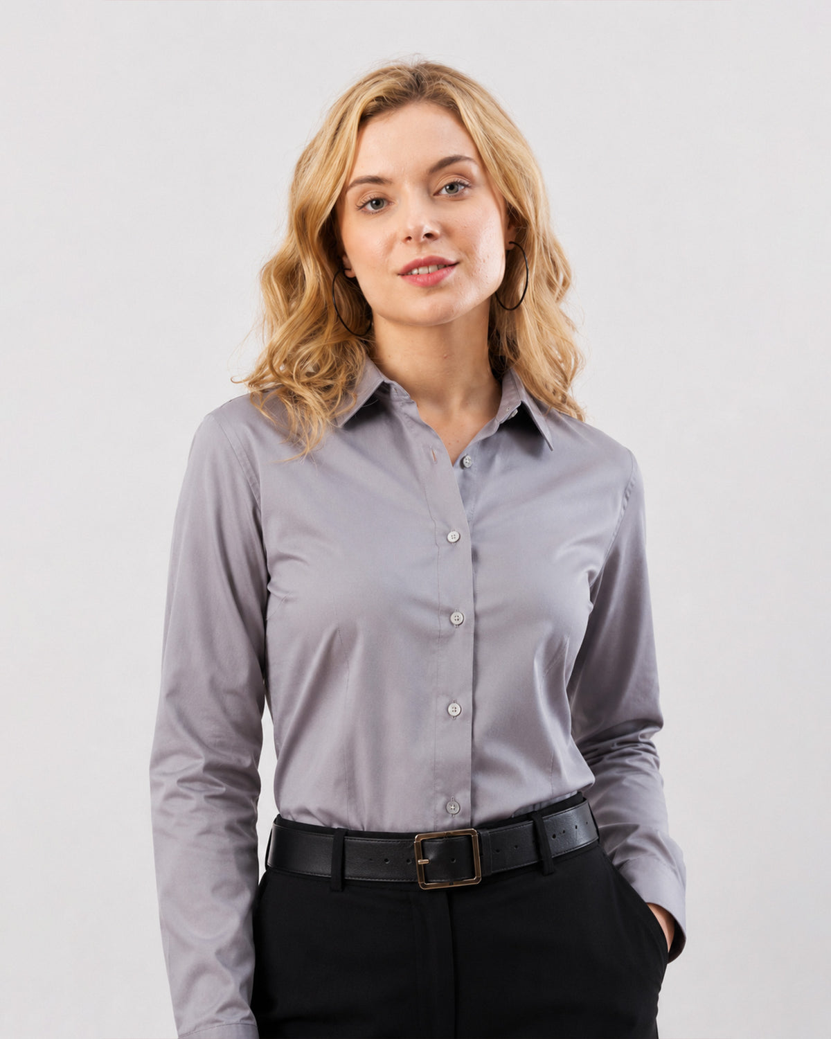 Dame steel grey formal shirt with front waist darts, classic collar and placket, front view