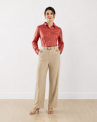 Dame terracotta brown stretch cotton tailored shirt with a snug fit and full sleeves, angled front view