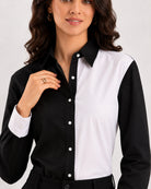 Close-up of Dana colour blocked shirt front panels, placket dignity buttons and white cuff