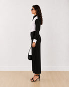 Dana black and white cotton twill colour blocked shirt with a relaxed fit, side profile view