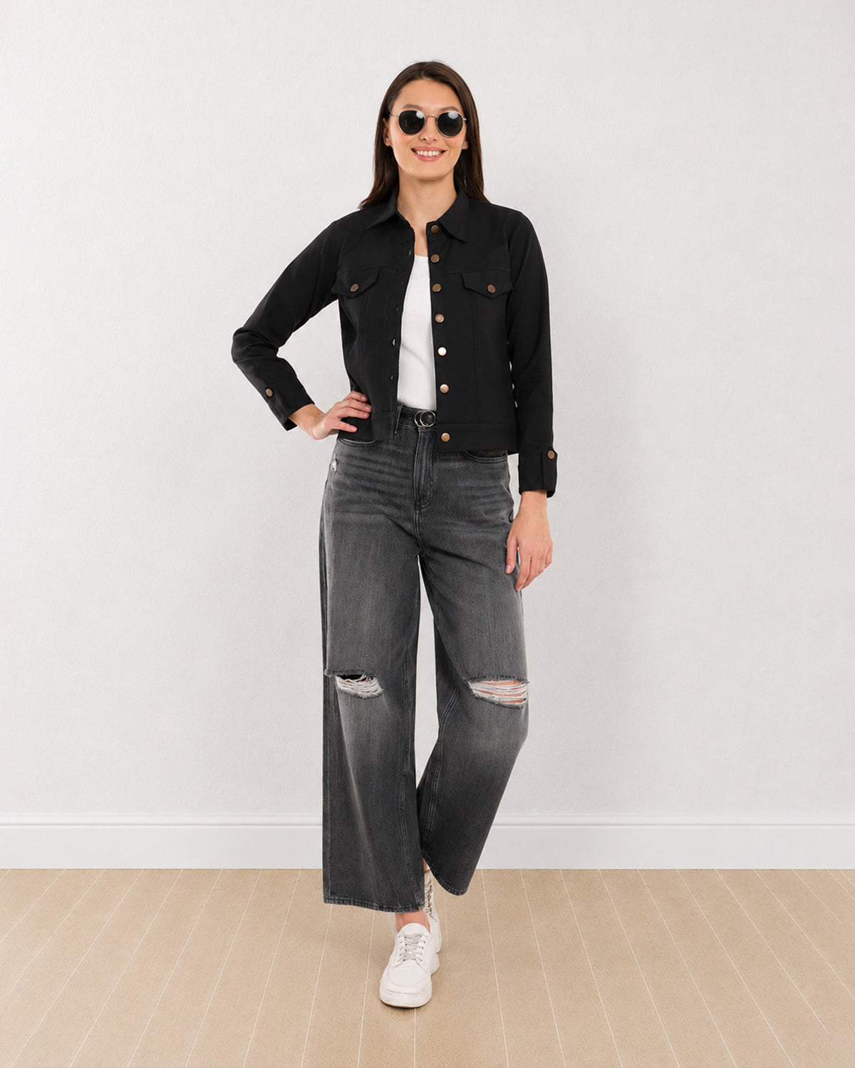 Gazillion Dani black cropped light trucker jacket for women, full-length front view