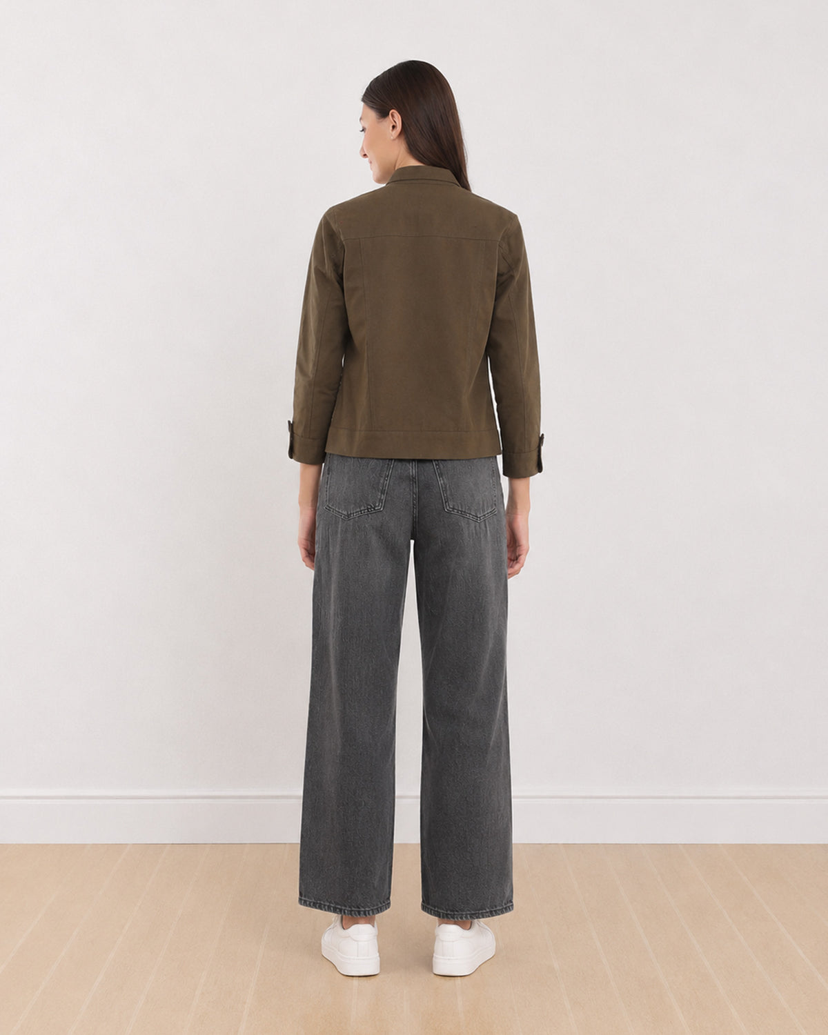 Dani olive green cropped trucker jacket, back view showing the back yoke and straight hem